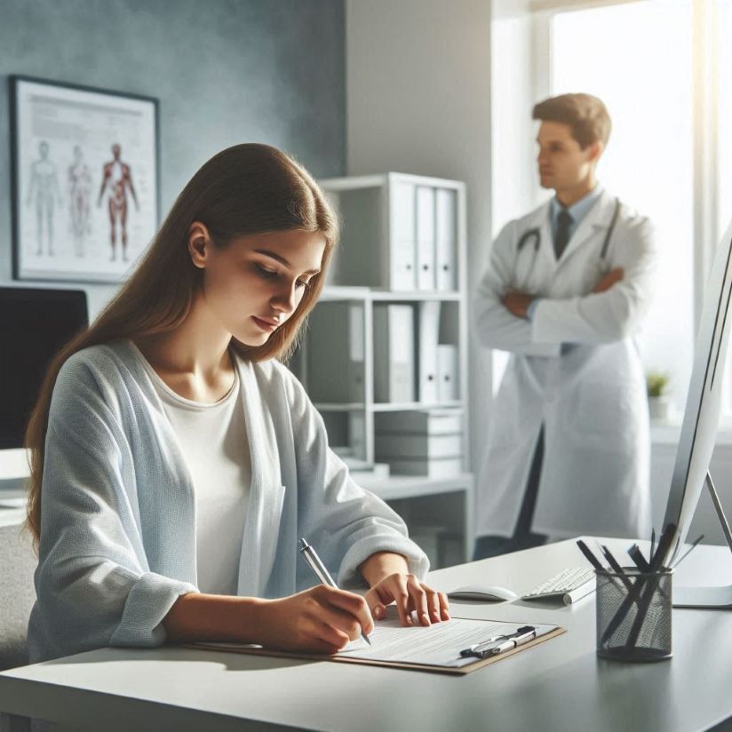 filling out pre-surgical forms with physician in background