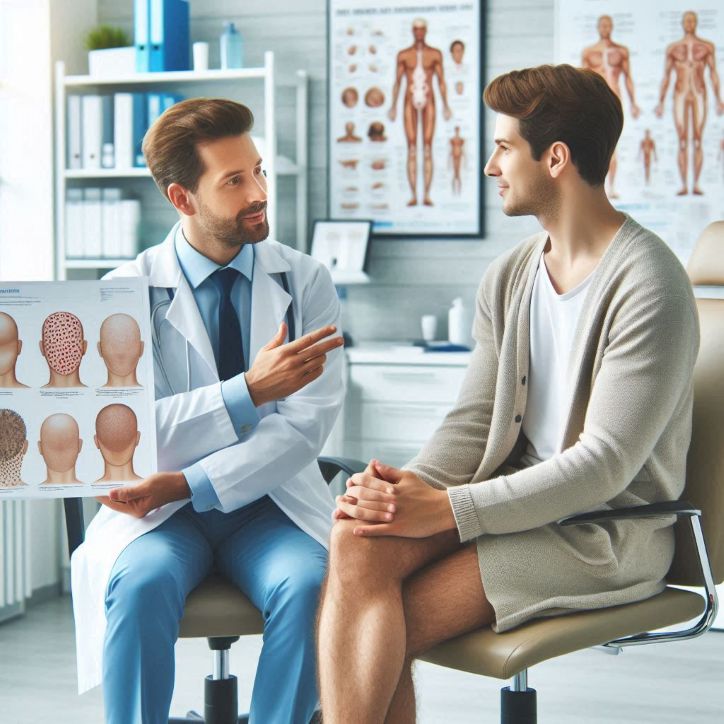 patient consulting with a dermatologist about hair loss options